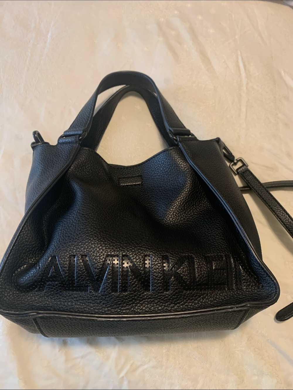 Calvin Klein Black Pebbled Leather Logo Shoulder Bag